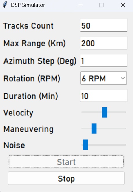 Screenshot of the DSP Simulator window with fields for tracks count, maximum range in kilometres, azimuth step in degrees, rotation in RPM and duration in minutes, sliders for velocity, maneuvering and noise, and Start and Stop buttons.
